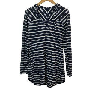 Athleta Wick-It Wader Hoodie Swim Cover-Up Dress L Striped Blue Long Sleeve